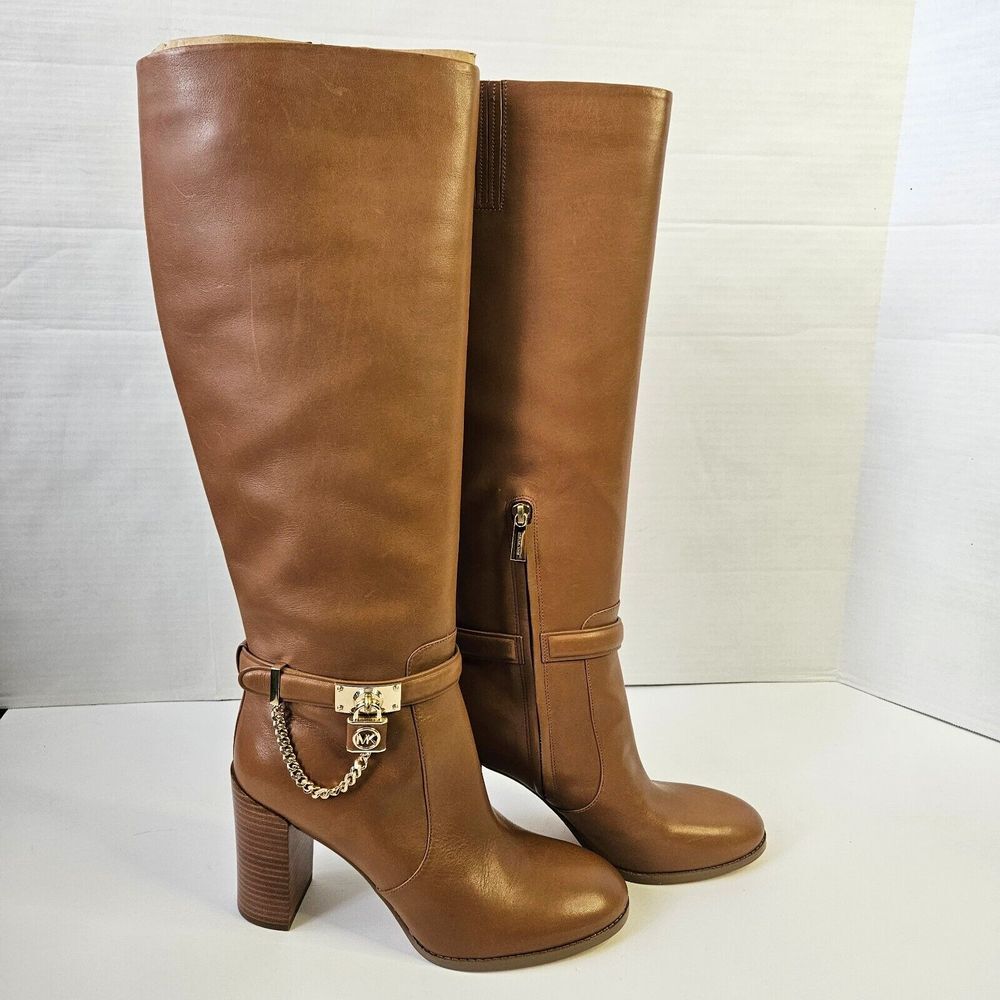 Michael Kors Brown Leather Knee-High Heeled Boots with Gold Chain Accent - Picture 2 of 12